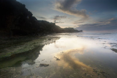 Scenic view of beach against sky during sunset