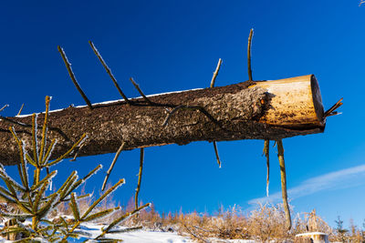 Low angle view of rusty metal against clear blue sky