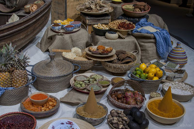 High angle view of fruits in basket on table