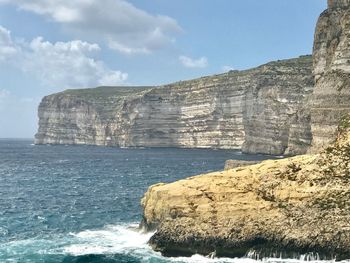 Rock formations by sea against sky