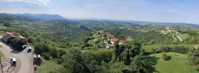 High angle view of trees on landscape against sky