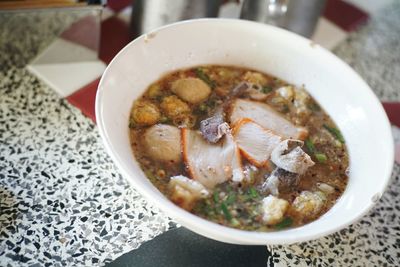 Close-up of soup in bowl on table