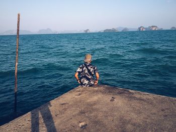 Rear view of man sitting in sea against clear sky