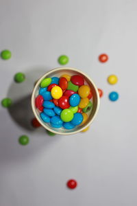 High angle view of multi colored balls on table