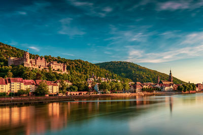 Scenic view of lake by buildings in town against sky