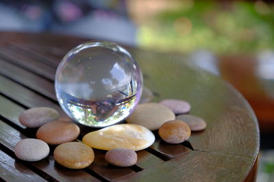 Close-up of stones on table