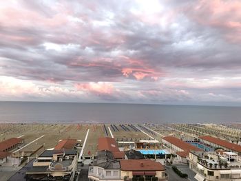 High angle view of cityscape against sky during sunset