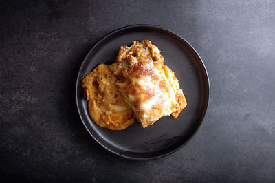 High angle view of lasagna in plate