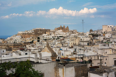 High angle view of buildings in town against sky