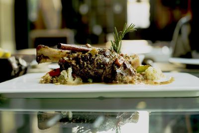 Close-up of food served in plate