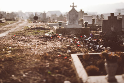 View of cemetery against buildings in city