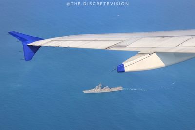 High angle view of ship sailing in sea