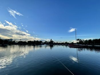 Scenic view of lake against blue sky