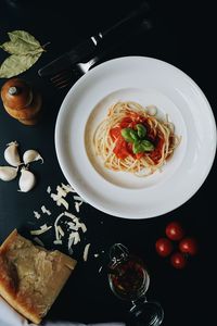 High angle view of pasta in bowl on table