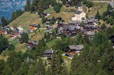 High angle view of houses in town