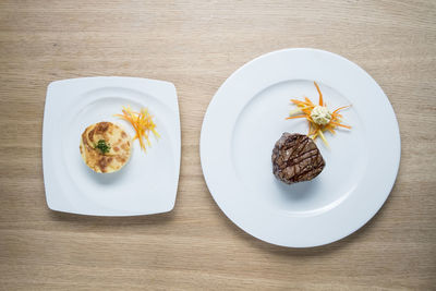 High angle view of food in plate on table