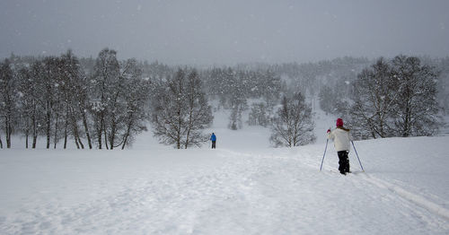 Rear view of people skiing on snow field against sky