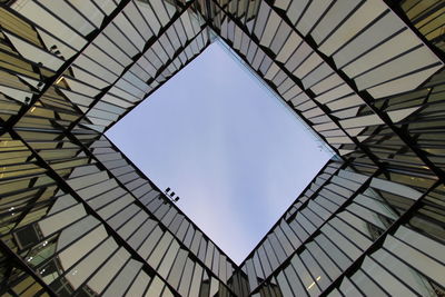 Low angle view of grid structure against sky