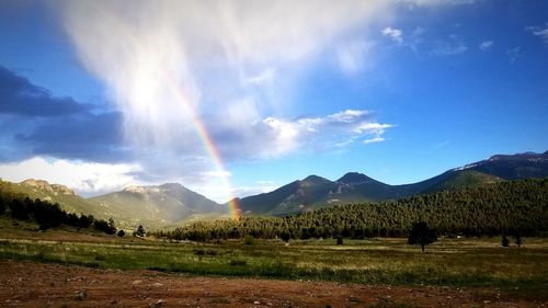 Panoramic view of field and mountains against sky