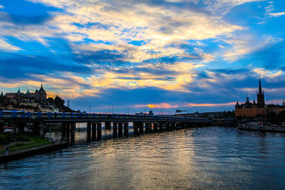 Bridge over river against cloudy sky
