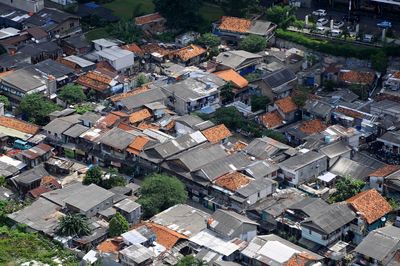 High angle view of houses in town