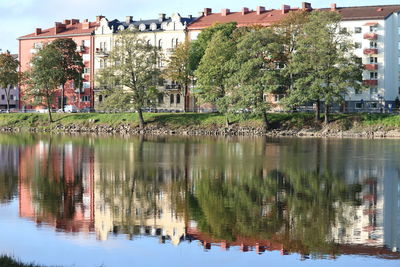 Scenic view of lake by buildings in town