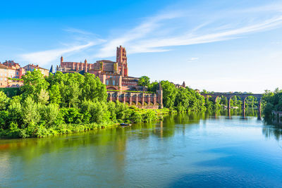 Scenic view of lake by building against sky