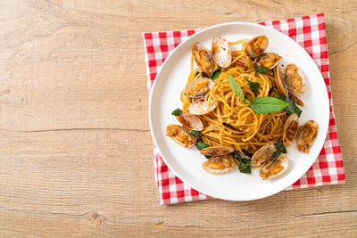 High angle view of food in plate on table