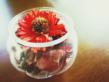 Close-up of red flower in glass on table