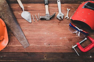 High angle view of work tools on table