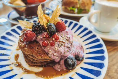 Close-up of breakfast served on table