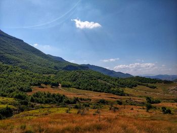 Scenic view of landscape and mountains against sky