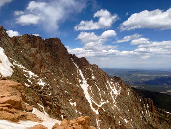 Scenic view of rocky mountains against cloudy sky