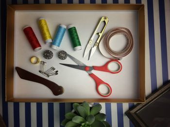 High angle view of multi colored candies on table