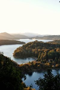 Scenic view of lake and mountains against clear sky