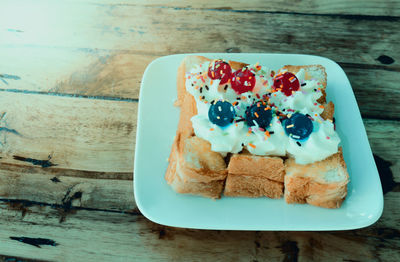 High angle view of breakfast served on table