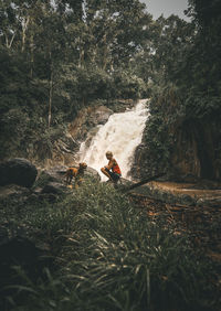 A woman playing with the dogs near waterfall.