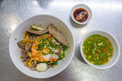 High angle view of food in bowl on table