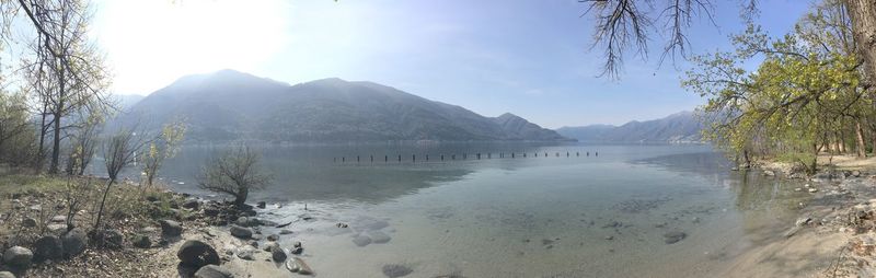 Panoramic view of lake and mountains against sky