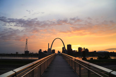 Footbridge against sky during sunset