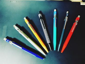 High angle view of multi colored pencils on table