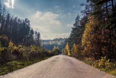 Road amidst trees against sky during autumn