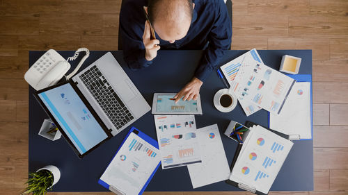 High angle view of man working in office