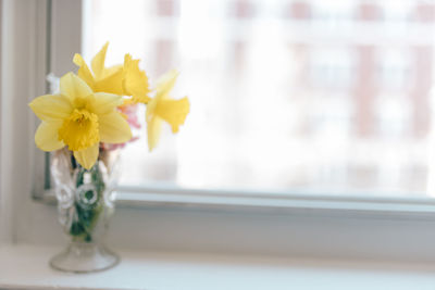 Close-up of yellow flower in vase on table