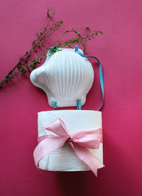 Directly above shot of pink flower petals against red background