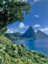 Scenic view of sea and mountains against sky