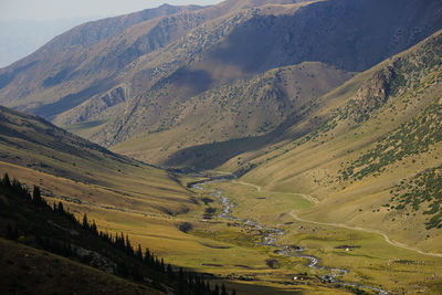 High angle view of landscape against mountain range