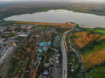 High angle view of road amidst buildings in city