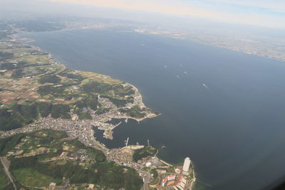 High angle view of city and mountains