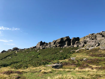 Low angle view of rocky mountain against clear blue sky